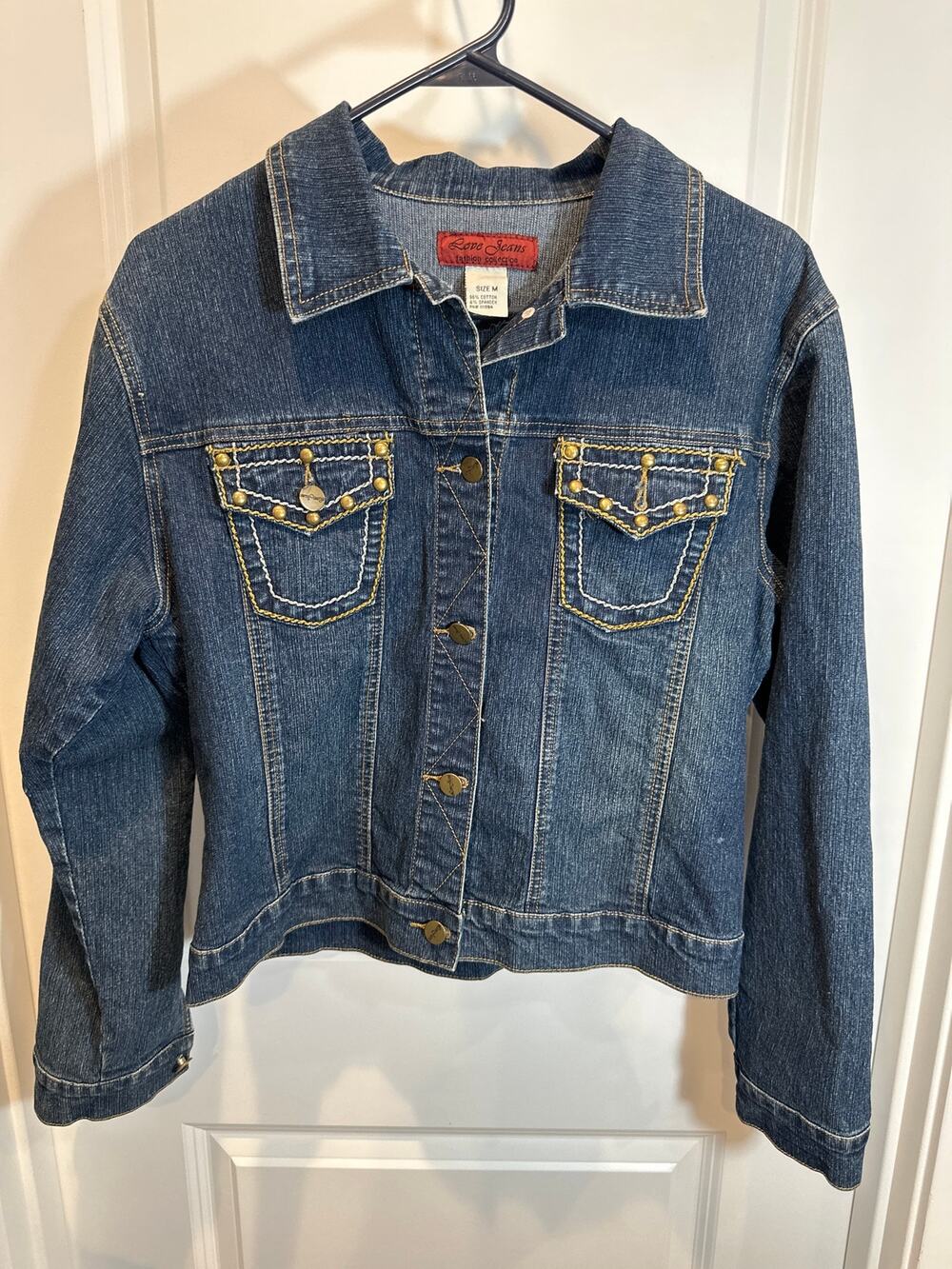 VTG Y2K Love Jeans Studded Denim Jacket Cropped Blue Contrast Stitch Sz M